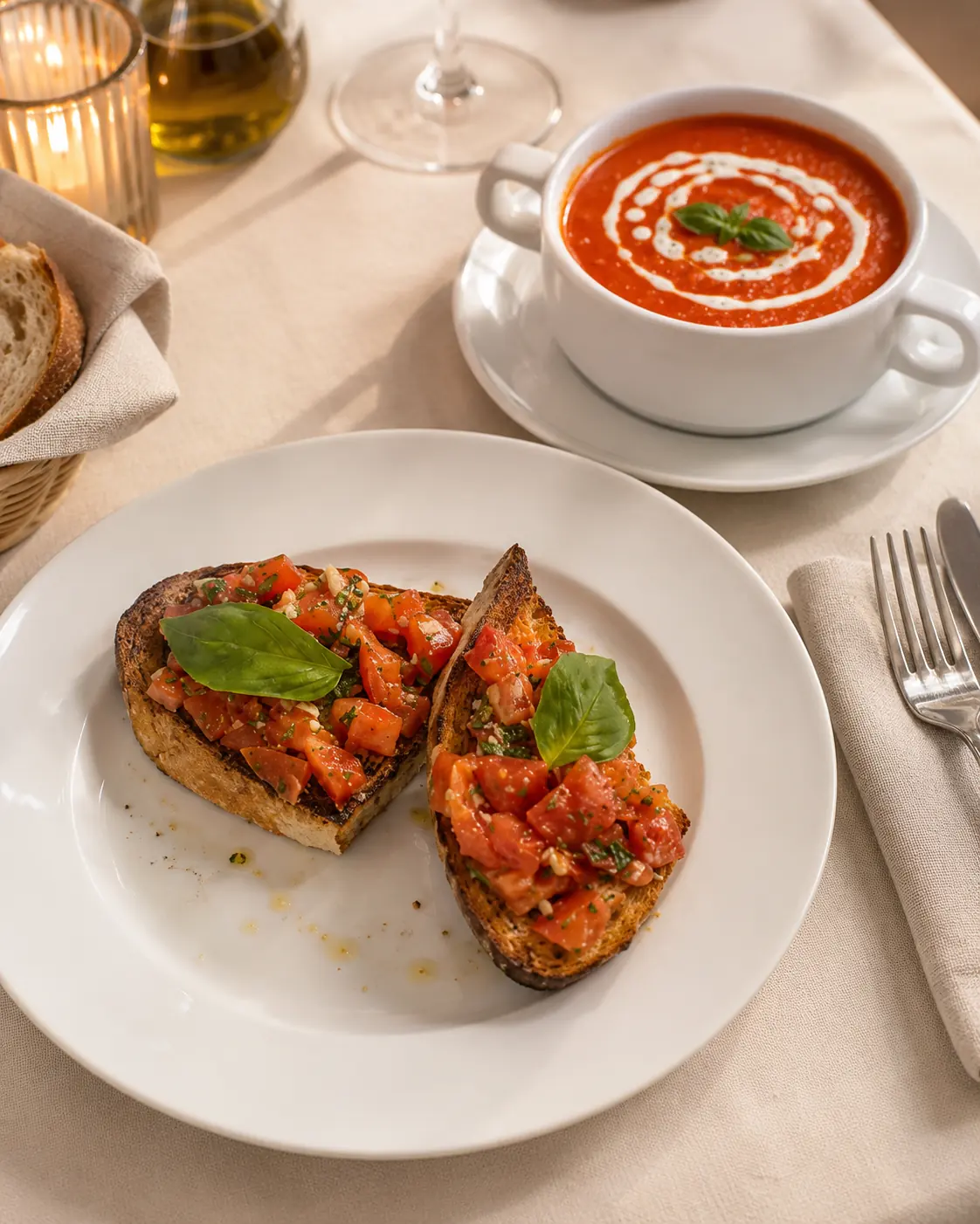 Bruschetta mit Tomaten und Basilikum, dazu Tomatensuppe